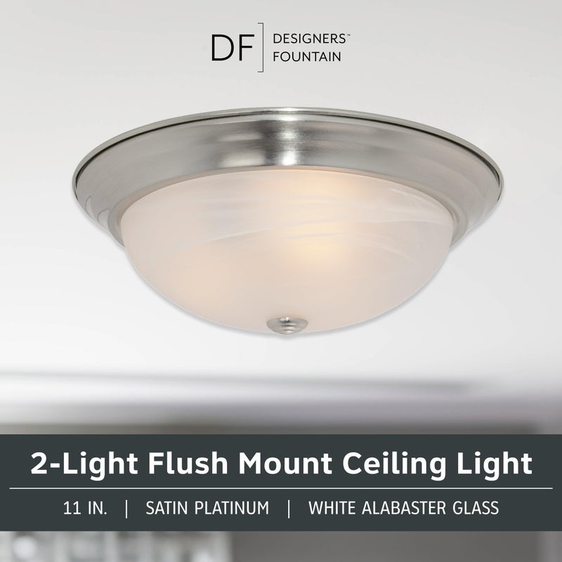 DESIGNERS FOUNTAIN Reedley 2-Lights Flush Mount Ceiling Light, 11 Inch Lighting Fixture for Kitchen, Bedroom, Bathroom, and Hallway, White Alabaster Glass, Satin Platinum, 1257S-SP-AL - Image 2